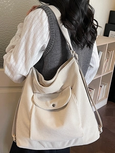 Cream corduroy large tote bag for women with front flap pocket and adjustable strap