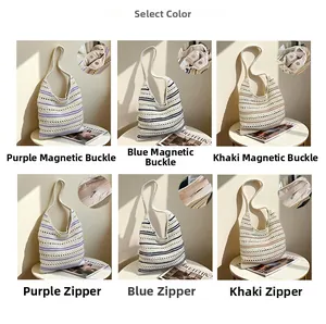 Detail of woven tote bags in purple, blue, and khaki with magnetic and zipper closures