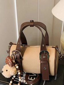 Vintage Women Bowling Bag PU Leather Litchi Texture Cylindrical Top Handle Shoulder Bag Retro Patchwork Boston Bag Stylish Handbag