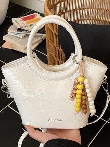 Fashion Women PU Leather Bucket Bag With Round Handle And Beaded Tassel Stylish Crossbody Shoulder Bag For Daily Use