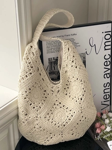 Women Large Capacity Straw Woven Tote Bag Handmade Crochet Hollow Flower Shoulder Bag Bohemian Vacation Casual Underarm Bag