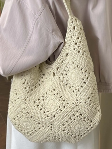 Minimalist beige crochet tote bag with flower patchwork design for women shoulder wear
