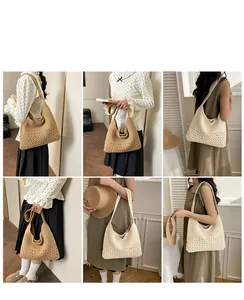 Detailed views of handwoven tote bag featuring intricate openwork patterns and neutral tones