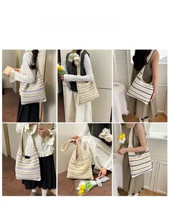 Multiple views of a striped knit tote bag with hollow woven design for daily use
