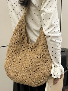 Handmade crochet woven tote bag for women with floral pattern in khaki finish