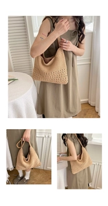 Close-up of beige crochet tote bag showing dense knit texture and hollow pattern base