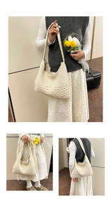 Detailed close-up showing the soft beige knitted texture and hollow crochet pattern of this tote