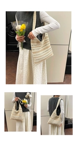 Detail of hand-woven hollow knit tote bag with cream and brown striped texture patterns