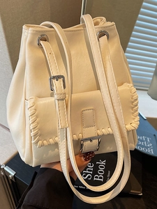 Women Fashion PU Leather Bucket Bag Minimalist Whipstitch Flap Shoulder Bag With Adjustable Strap Casual Commute Handbag