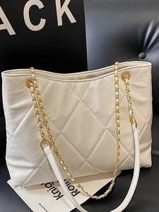 Sac Fourre-tout Matelassé Grande Capacité pour Femmes Cuir PU Brillant Motif Losanges Chaîne Or Sac à Bandoulière Mode