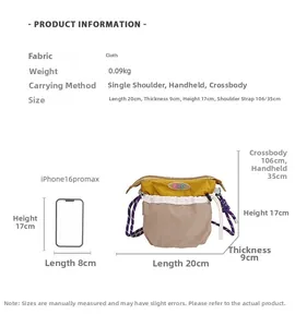 Detailed size chart for a color-block small square bag with phone size comparison
