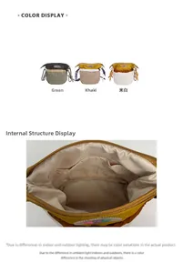 Detail of multi-color drawstring nylon bag with internal pocket and compartment view