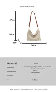 Size chart showing woven shoulder bag dimensions 34x30x2cm and adjustable 140cm strap