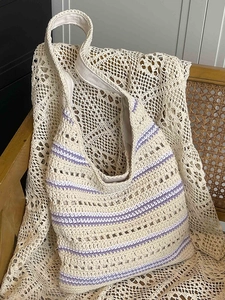 Women Woven Straw Tote Bag Large Capacity Hollow Out Striped Shoulder Bag Casual Summer Beach Vacation Commuter Handbag