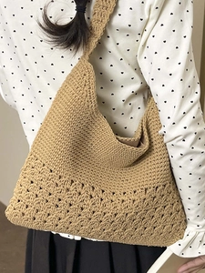 Minimalist khaki woven tote bag with hollow floral pattern for large capacity shoulder use