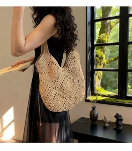 Detail showing hand-woven hollow pattern and texture of this boho crochet tote bag