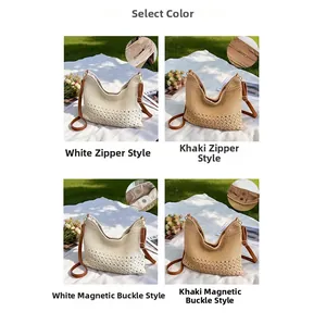 Detailed comparison of white and khaki woven shoulder bags with zipper and magnetic closures