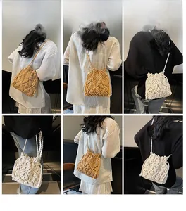 Detailed views of hand-woven straw bucket bag with intricate geometric textures