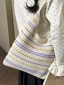 Sweet minimalist hollow woven tote bag in creamy white with purple stripes