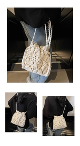 Detail view of cream macramé bucket bag showing thick cotton rope diamond weave pattern