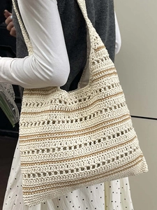 Handcrafted hollow knit tote bag in cream with coffee brown stripes for women