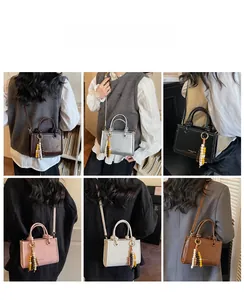 Detail showing various colors of elegant PU leather crossbody bags with beaded tassel