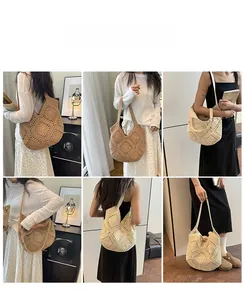 Detailed views of a large hand-woven crochet shoulder bag for beach and casual wear