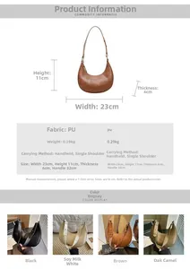 Detailed product size chart and four color options for the crescent hobo bag
