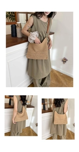 Detail of hand-woven straw tote with hollow crochet pattern and brown leather straps
