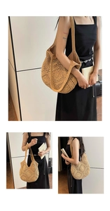 Gros plan détaillé sur la texture tressée évidée et la large bandoulière du sac en paille
