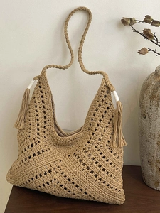 Damen Gewebte Stroh Tragetasche Große Kapazität Handgehäkelte Schultertasche Mit Quaste Bohemian Strand Lässige Handtasche