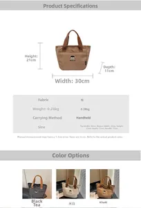 Tableau des tailles et comparaison en trois couleurs du sac à main en toile pour femmes