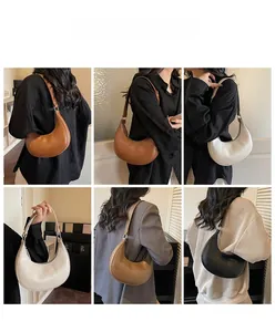 Detail shots of French style half-moon shoulder bags in brown, beige and black leather
