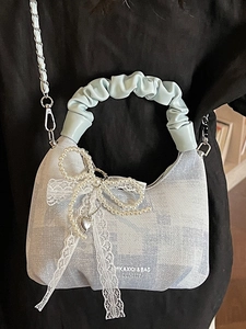 Chic light blue plaid dumpling bag with lace bows, pearl chain and heart pendant