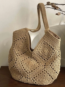 Handmade Knitted Crochet Straw Tote Bag For Women Hollow Out Beach Bag Casual Summer Vacation Shoulder Bag Large Capacity