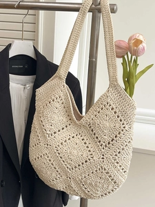 Cream crochet granny square shoulder bag with hollow out knit for beach vacation