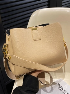 Women Stylish Litchi Texture PU Leather Bucket Bag Minimalist Crossbody Shoulder Bag With Wide Strap Gold Hardware