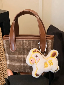 Women Plaid Mini Square Bag PU Spliced Woolen Tote Crossbody Bag With Plush Horse Charm Korean Fashion Handbag