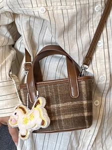 Brown plaid wool mini crossbody bag with cute pony charm shown on a model
