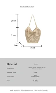 Tableau des tailles avec dimensions du sac fourre-tout tissé beige à franges