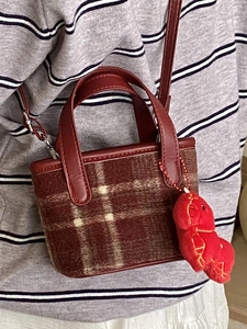 Cute plaid mini square handbag with teddy bear charm and red leather trim shown on model
