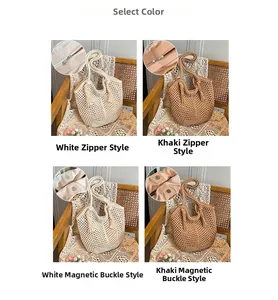 Vue détaillée des sacs cabas en crochet blanc et kaki avec glands et fermetures sécurisées