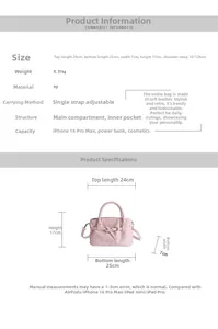 Detailed size guide for pink PU leather handbag showing precise dimensions and strap length
