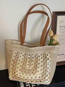 French Style Large Capacity Straw Woven Tote Bag For Women Handcrafted Hollow Crochet Beach Vacation Shoulder Bag With PU Leather Handle