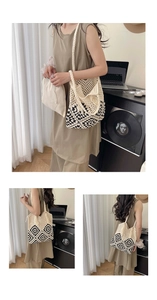 Détail du sac cabas en crochet bicolore avec motifs géométriques et pochette intérieure