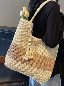 Chic gradient straw tote bag with tassel charm and wooden beads for casual summer style