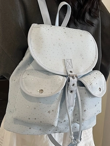 Sac à dos bleu clair rétro avec motifs d'étoiles argentées et doubles poches pratiques