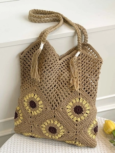 Sac Cabas en Paille Tournesol Crocheté à la Main pour Femme Sac à Bandoulière Bohème Tissé Ajouré Avec Frange Grande Capacité Sac de Plage