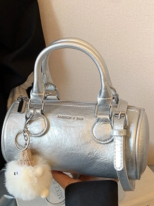 Fashion Letter Printed Women Cylinder Boston Bag PU Leather Handbag Shoulder Crossbody Bag With Plush Charm Ladies Daily Purse