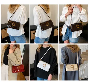 Verschiedene Tragestile der Retro-Bagguette-Taschen aus Lackleder in schicken Farben